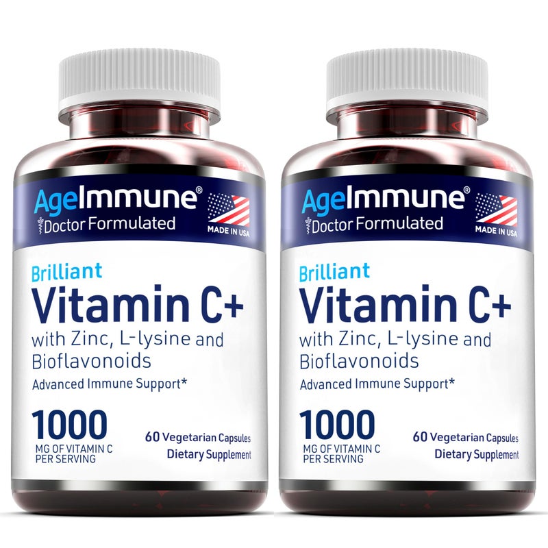 Vitamin C 1000mg Complex with LLysine 500mg Zinc Gluconate 12mg Bioflavonoids 300mg Doctor Formulated Magnesium Stearate Free Supplements for Healthy Immune System Support Two Bottles2